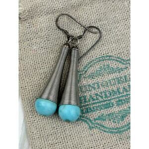 Handmade Spiral 925 Silver & Turquoise Drop Earrings - Stainless Steel Wire